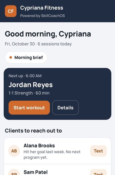 SkillCoach OS trainer dashboard on a phone, branded for a fitness business